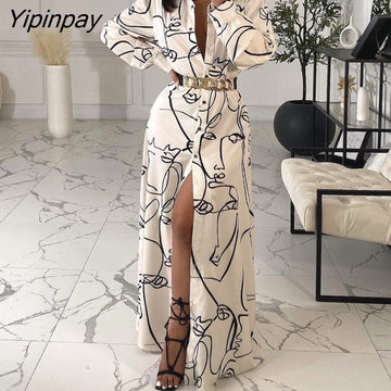 Yipinpay Women Chic Abstract Face Pattern Button Long Sleeves Turn Sown Collar Maxi Sexy Chain Midriff Dress Top
